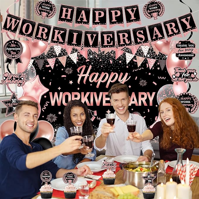 DARUNAXY Happy Workiversary Party Decorations for Women, Rose Gold Happy Work Anniversary Banner Cake Topper Hanging Swirl Confetti Balloons Decor Set for Pink Employee Office Party Supplies for Girls