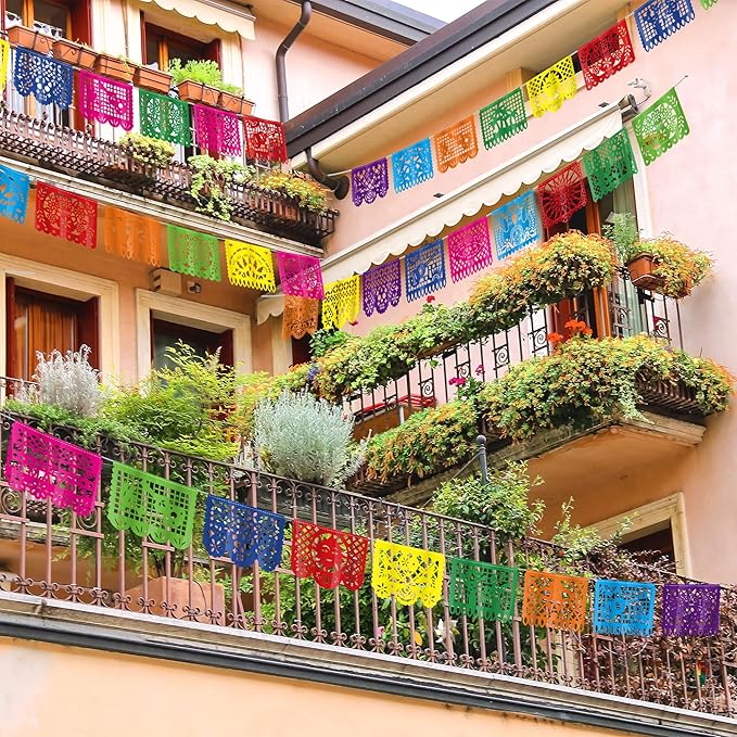 10 Pack Mexican Party Decorations, 180 FT Fiesta Banner Cinco De Mayo Party Banner Plastic Papel Picado Mexican Themed Party Banner Flags Colorful Indoor Outdoor Dia De Los Muertos Home Decor