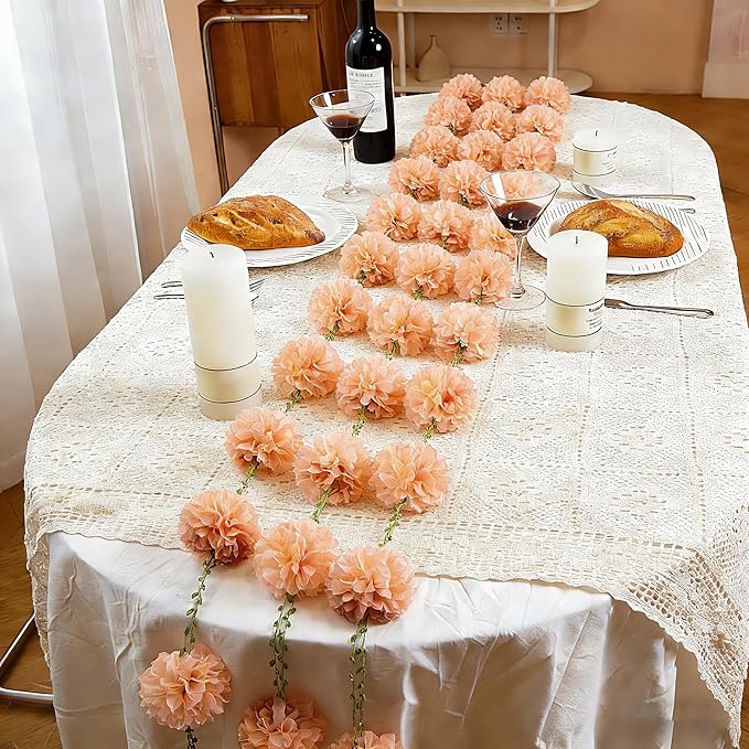 Sahoottie 2 Pcs Blush Pink Hanging Paper Flower Garland, 8.2 FT Single Color Tissue Paper Flower Garland, Blush Pink Pom Pom Garland for Boho Wedding Backdrop Bridal Shower Bedroom Wall Decor