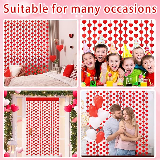 Valentines Day Decorations, 4 Pack Valentines Day Backdrop Garland, Red Heart Foil Fringe Tinsel Backdrop Streamer for Wedding Anniversary Birthday Valentines Party Decor