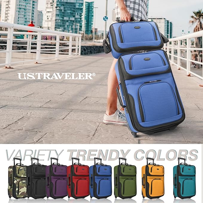 U.S. Traveler Rio Lightweight Softside Rolling Carry-on Suitcase, 2-Wheel Set, Royal Blue