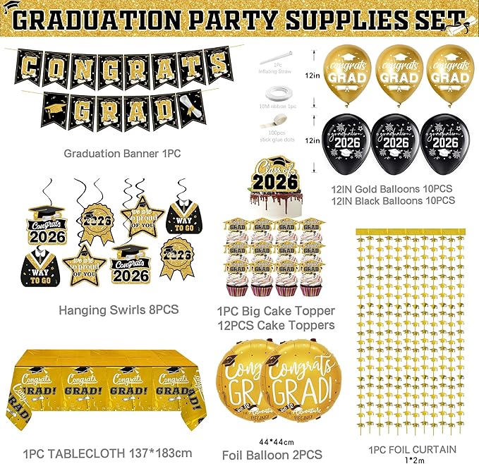 Class of 2026 Graduation Decorations Black and Gold Party Supplies Kit, Include Congrats Grad Banner, Foil Fringe Curtain,Tablecloth,Balloon Arch, Hanging Swirls for High School College