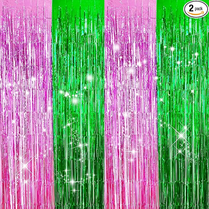 MYUPDALIN 2 Pack Pink and Green Foil Fringe Tinsel Backdrop Party Decorations for Witch Theme Birthday Party Decor