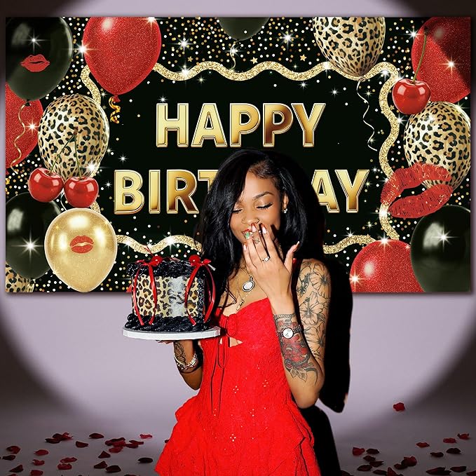 Leopard Happy Birthday Backdrop 5 x 3 Ft Cheetah Print Birthday Decorations Backdrop Banner with Cheetah Balloons Print, Red Leopard Party Decorations for Wall, Photography Background