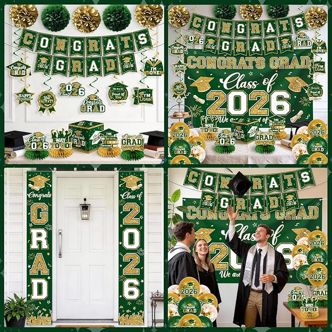 Green and Gold Graduation Decorations 2026 Set, All-in-1 Kit with Congrats Grad Banner Class of 2026 Backdrop Porch Sign Balloons Centerpieces Card Box Pom Poms Streamers for College High School