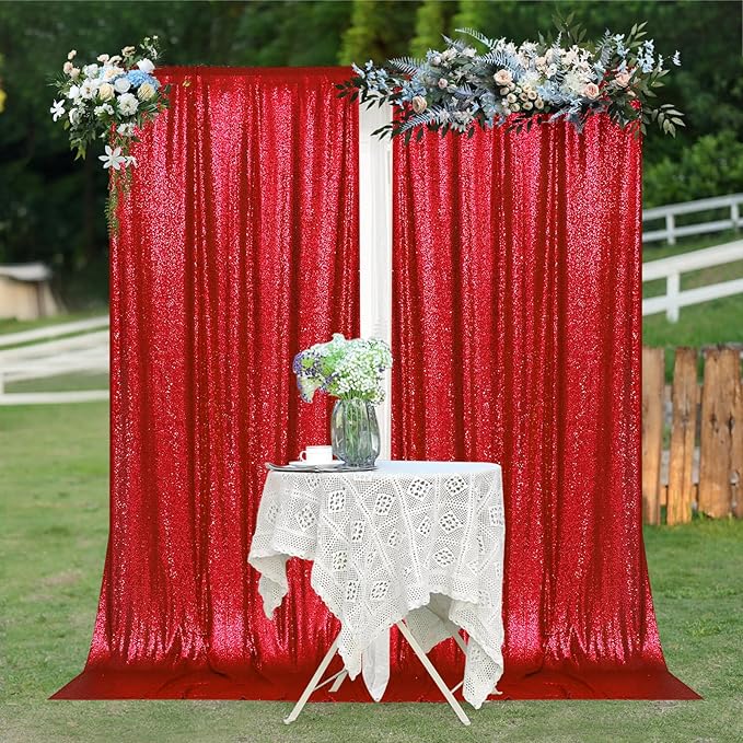PartyDelight Red Sequin Backdrop 5x10ft 2 Panels - High Density 3mm Shimmer Sequin Background with 4-Inch Rod Pocket, Sparkly Photography Curtain for Wedding, Stage & Event Decor