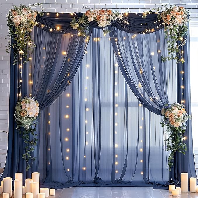 30×10ft Navy Blue Tulle Backdrop Curtain with Lights String for Parties, Sheer Photo Backdrop Curtains for Wedding Party Photography Background