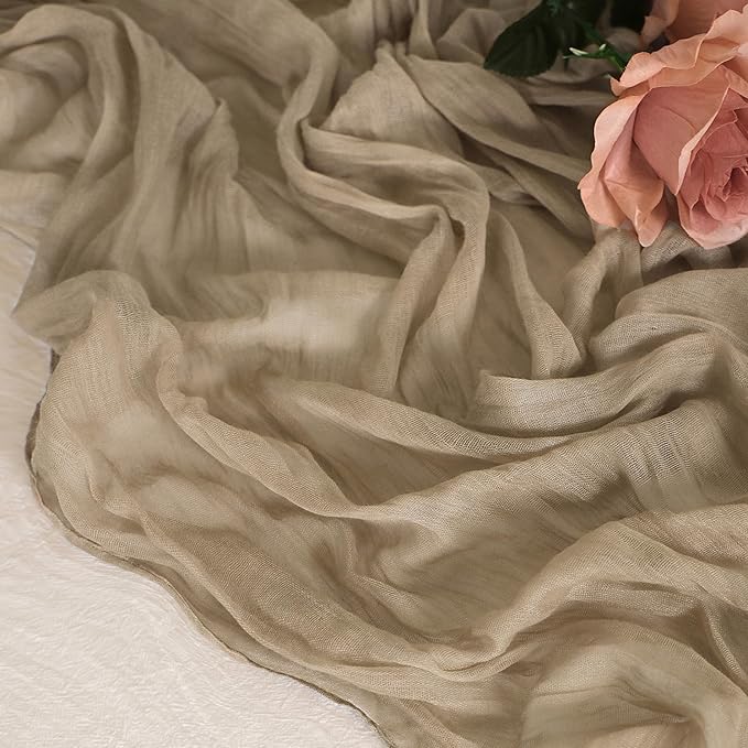 Snowkingdom 6PCS Light Brown Christmas Cheesecloth Table Runner, 120 inch Long Tan Boho Gauze Sheer Runner for Wedding Baby Shower Birthday Xmas Holiday Party Table Decorations