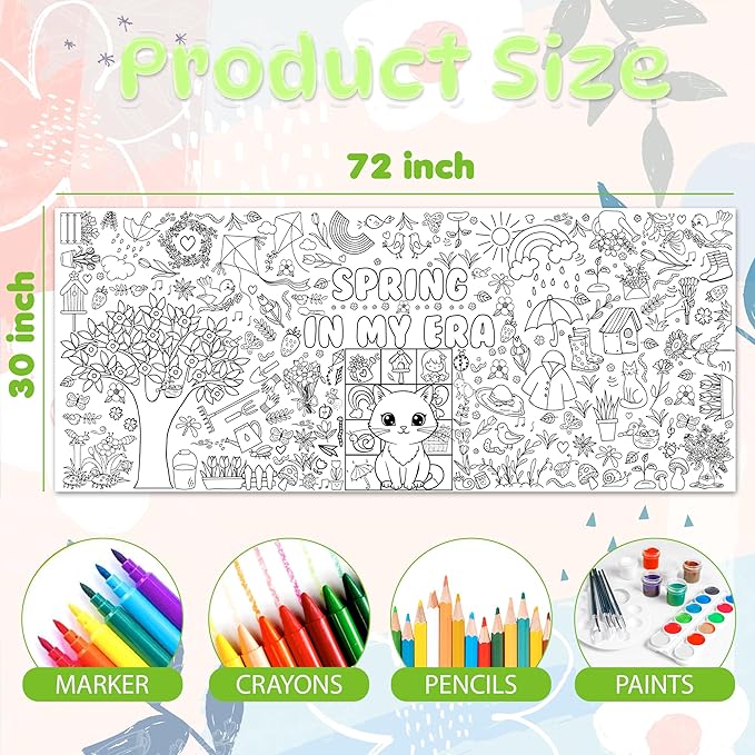 OHOME Spring Giant Coloring Poster/Tablecloth - 72×30 Inch Spring Decorations for Home,Kids Crafts Games Activities Toys Decor Party Decor for Classroom School