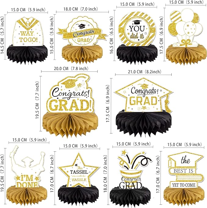 10PCS Graduation Decorations Class of 2025 Centerpieces, Congrats Grad Honeycomb Table Toppers for Graduation Party Favors, 2026 Graduation Party Decorations (10PCS, White & Gold)