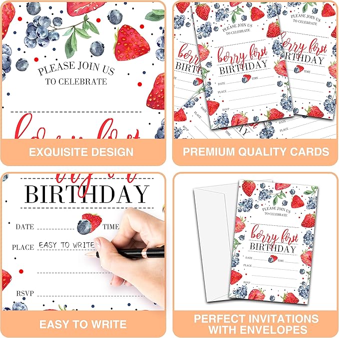 Birthday Invitations, 4"x6" Berry First Strawberry and Blueberry Birthday Party Invitations with Envelopes for Baby Girl 1st Birthday Party Decorations Supplies(20 Pieces)-C05