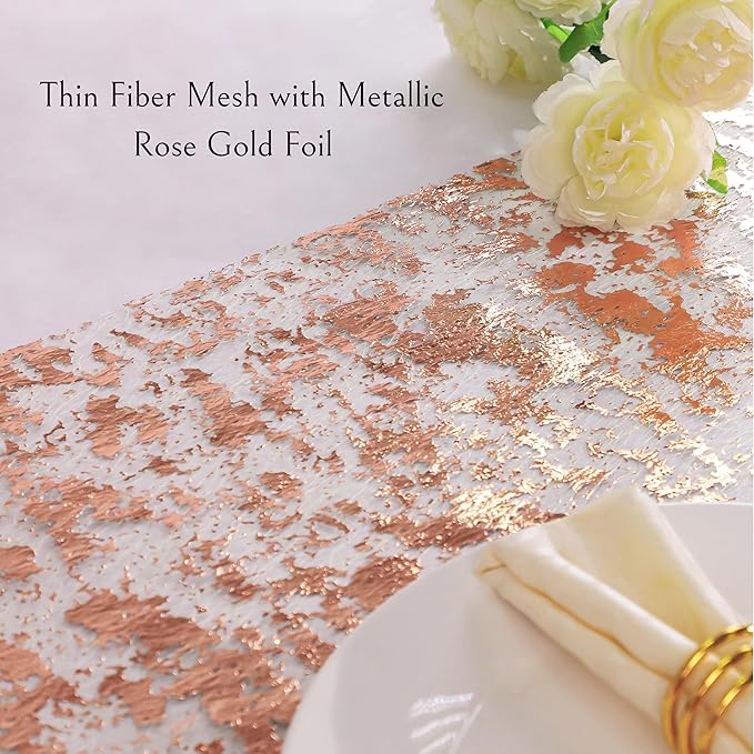 Snowkingdom Rose Gold Table Runner 11 Inch x 49 Feet Glitter Sequin Metallic Pink Thin Mesh Runner Sparkly Rose Table Decorations for Wedding, Bridal Shower, Baby Shower Birthday Party