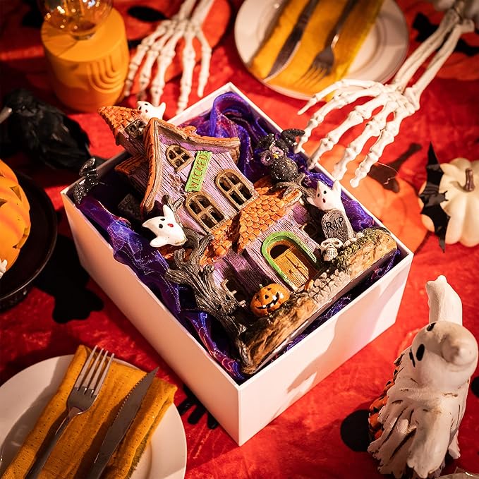Valery Madelyn Haunted House Figurine with Bat Ghost Pumpkin for Halloween Decorations, Large Pre-Lit Lighted Resin Village Statue with LED Light for Indoor or Outdoor Party Table Decor, 12 inch