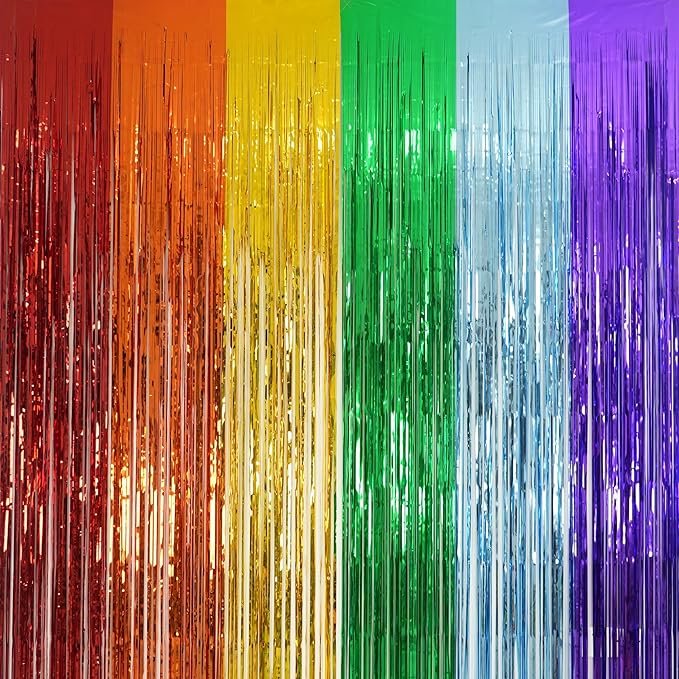 Rainbow Foil Fringe Curtains - GREATRIL Metallic Tinsel Streamers Backdrop for Birthday/Pride/Rainbow/Watermelon Themed Party Decorations 8.2ft x 3.2ft 2 Packs