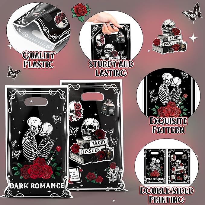 G1ngtar 50Pcs Dark Romance Book Lover Party Favor Bags - Skull Rose Black Gothic Aesthetic Goodie Candy Treat Gifts Waterproof Plastic Bags for Kids Birthday Party Decoration Supplies