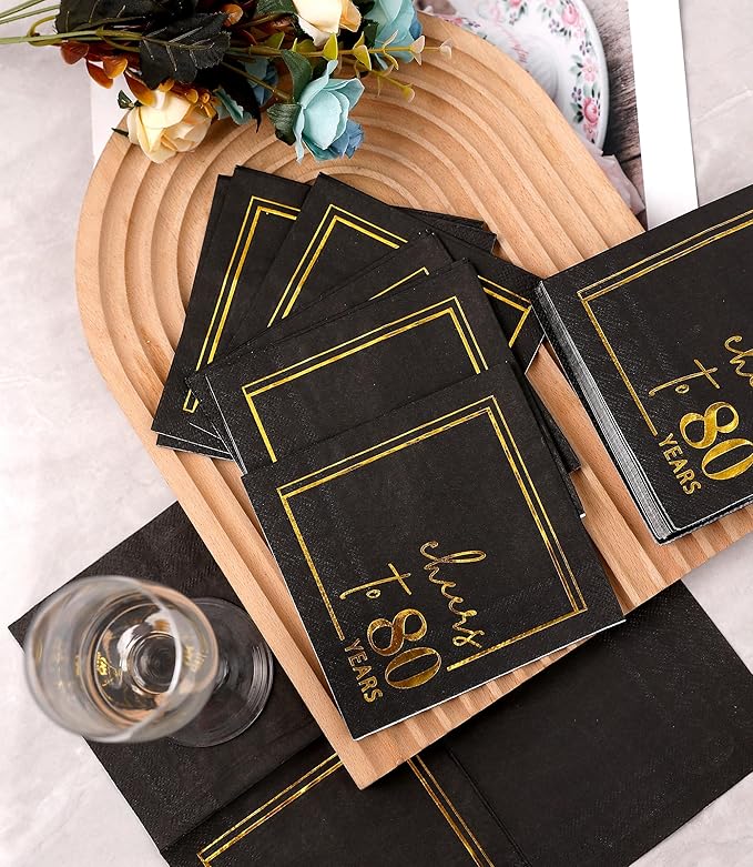 Cheers to Years Cocktail Napkins - 50 PK - 3-Ply Birthday Napkins 5x5 Inches Disposable Party Napkins Beverage Paper Napkins or Birthday Decorations Wedding Anniversary Black and Gold (80 Years)