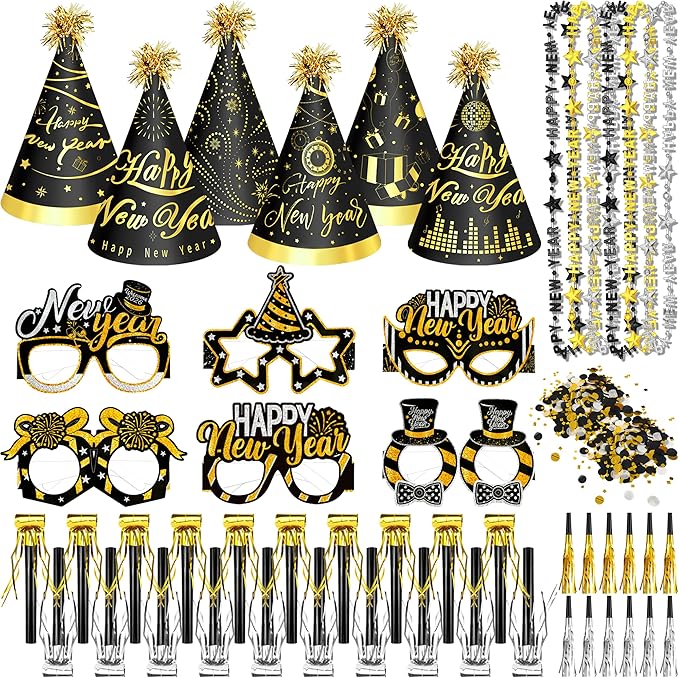 51 PCS New Year’s Eve Party Supplies 2026 Including Happy New Year Hats, Necklaces, Eyeglasses and Fringe Blowers for New Year's Eve Party Favors (Glasses)