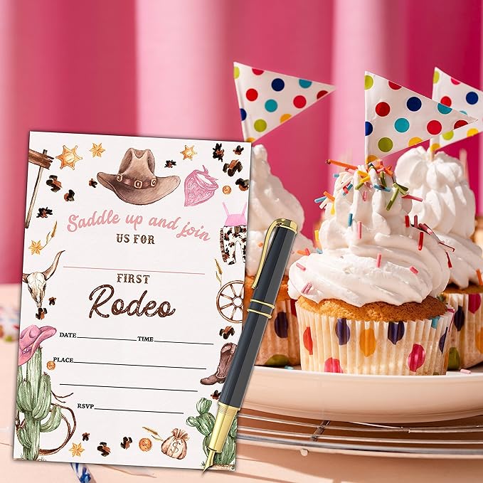 1st Country Western Birthday Invitations, Nashville Rodeo Birthday Party Invitation Card for Girls, Cowgirl Birthday Party Favors & Celebration Supplies(20 Set of Invitations with Envelopes)-B04