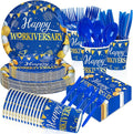 168Pcs Happy Workiversary Party Decorations Blue Gold Happy Work Anniversary Plates and Napkins Cups Forks Tableware Set for Men Women Worker Employee Appreciate Office Party Supplies Serves 24