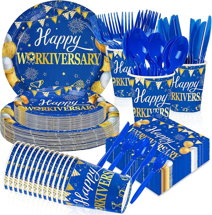 168Pcs Happy Workiversary Party Decorations Blue Gold Happy Work Anniversary Plates and Napkins Cups Forks Tableware Set for Men Women Worker Employee Appreciate Office Party Supplies Serves 24