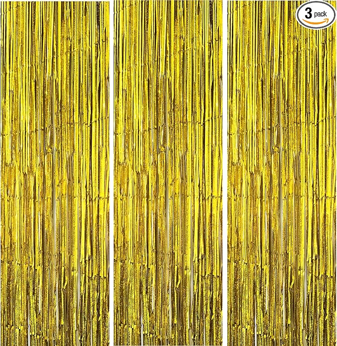 3 Pack Foil Curtain Backdrop 3.3x6.6 ft Tinsel Fringe Curtains for Parties Metallic Streamers Photo Booth Props,Wedding & Birthday,Holiday Decorations Disco,Bachelorette,Door Hanging Decor (Golden)