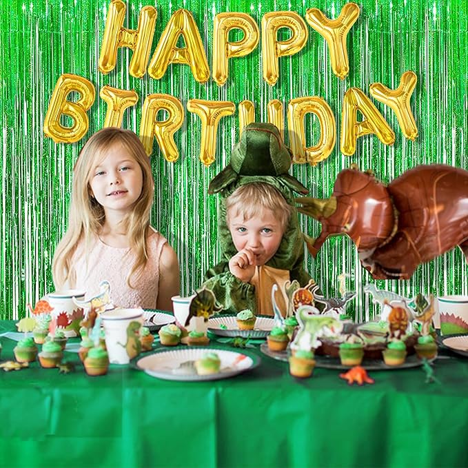 BRAVESHINE Green Party Streamers Backdrop - 2 Pack 3.2 x 8.2ft Metallic Tinsel Foil Fringe Curtains for St Patricks Day/Birthday/Hawaiian/Luau/Dinosaur/Football/Graduation/Christmas Party Decorations