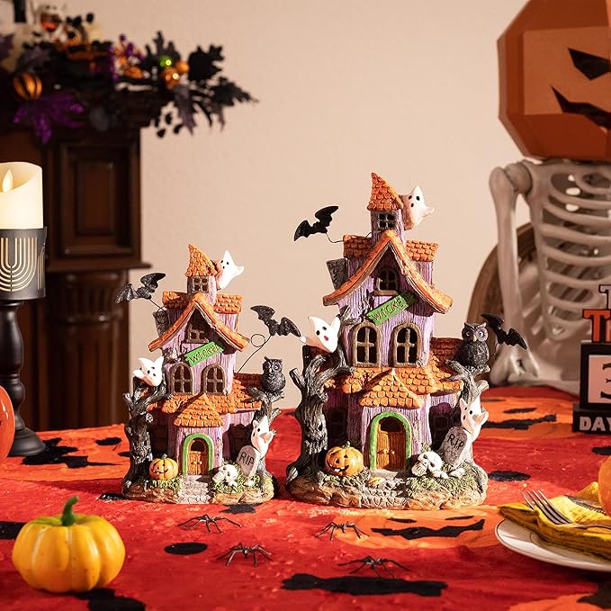 Valery Madelyn Haunted House Figurine with Bat Ghost Pumpkin for Halloween Decorations, Large Pre-Lit Lighted Resin Village Statue with LED Light for Indoor or Outdoor Party Table Decor, 12 inch