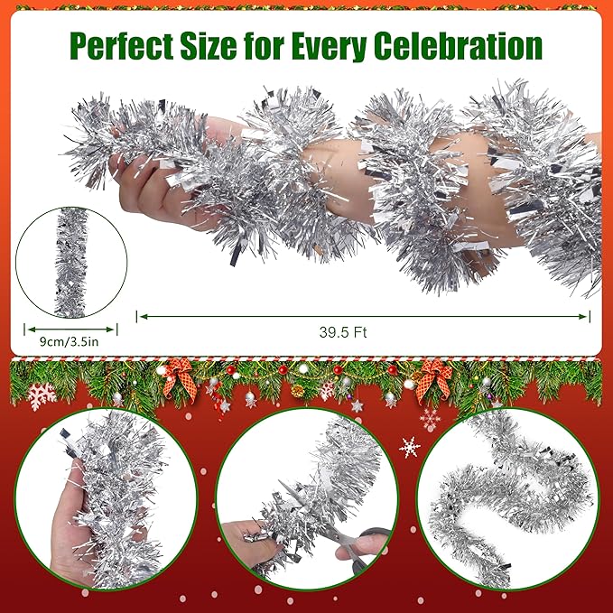 39.5 Ft Christmas Tinsel Garland, Reusable Holiday Metallic Christmas Tree Garland Decoration for Xmas, Wedding, Birthday, Home Party Decor (Silver)