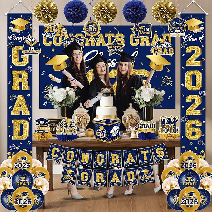 2026 Graduation Decorations - Navy Blue Congrats Grad Party Supplies include Card Box, Backdrop, Banner and Balloons for Class of 2026 Decorations Set
