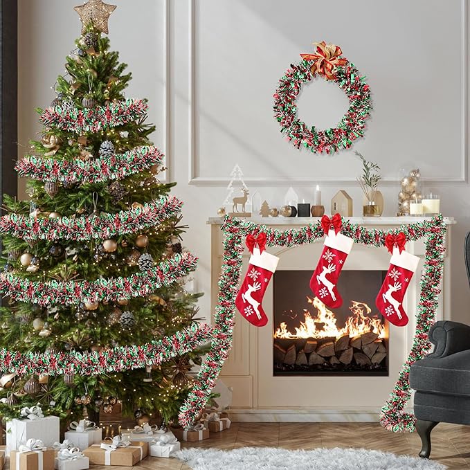 50 FT Christmas Tinsel Garland Christmas Decorations for Xmas Tree Decor Metallic Twist Shiny Hanging Garlands for Tree Mantel Stairs Fireplace Home Indoor Holiday Party Supplies (Red Green Silver)