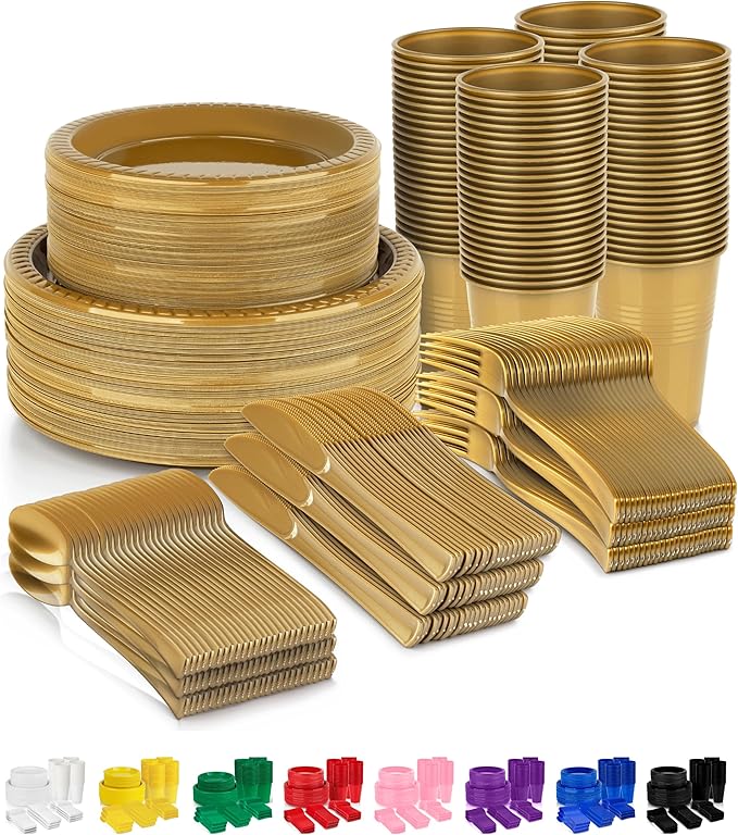 720 Piece Gold Disposable Dinnerware Set (120 Guests) Plastic Dinnerware Set Disposable - 120 Count, 9" Dinner Plates, 7" Dessert Plates, 12oz Cups, Forks, Knives & Spoons- Plastic Party Plates Set