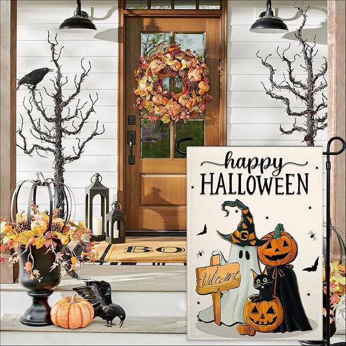 Happy Halloween Garden Flag 12x18 Double Sided Ghost Jack O Lantern Bat Garden Flag 3Ply Fabric Halloween Pumpkin Garden Flags for Outside House Indoor Outdoor Holiday Yard Sign Decor