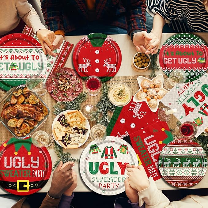 HAKOTI Christmas Party Decorations,60Pcs Ugly Sweater Party Decorations Set Christmas Plates and Napkins for New Year Ugly Sweater Dinnerware Xmas Holiday Party Disposable Supplies