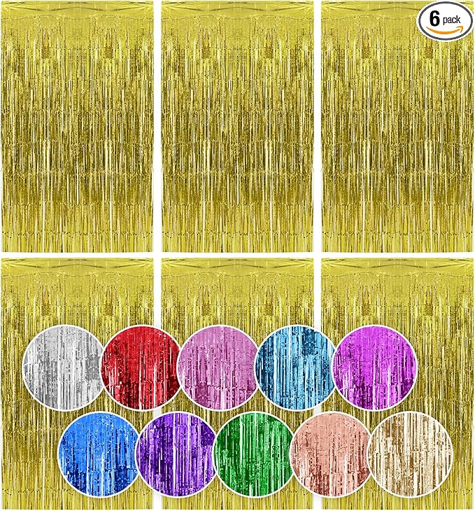 Homiest 6 Pack Gold Tinsel Backdrop, 3.3x6.6 FT Metallic Tinsel Foil Fringe Curtains Party Decorations, Birthday Door Streamers for Baby Shower Wedding, Photo Booth Props Background Wall Decor