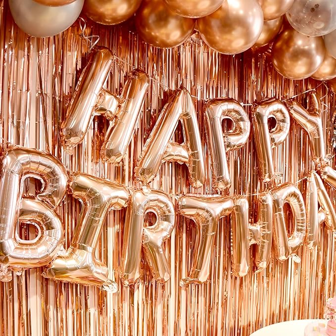 Rose Gold birthday decorations for women ，happy birthday party decorations for girls，Rose Gold Fringe Curtain，happy birthday banner， balloon letters