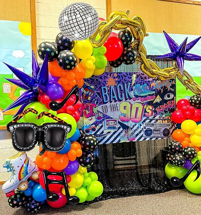 90s 80s Disco Theme Party Decorations, 171Pcs Balloon Arch Kit with Retro Disco Ball Radio Glasses Roller Skate Musical Note Chain Star Foil Balloons for Back to 90s 80s Hip Hop Birthday Supplies