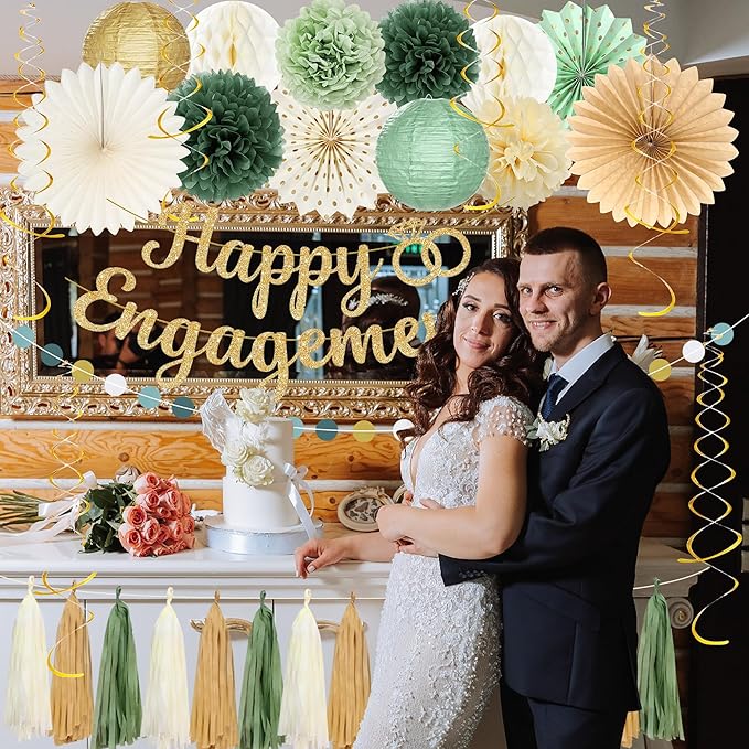 Roetyce Engagement Party Decorations, Green and Gold Glitter Happy Engagement Banner, Almost Married/Just Engaged Photo Background, Sage Green Congratulations Wedding Bachelorette Backdrop Decor
