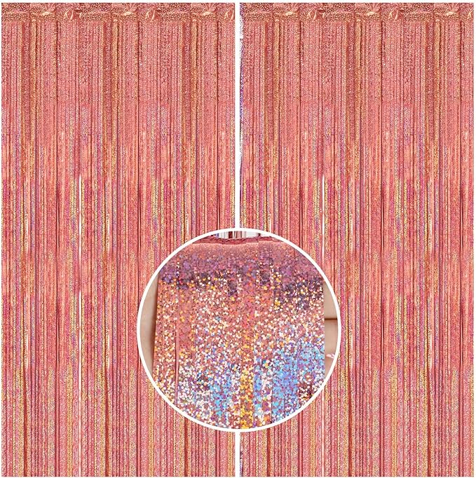 2 Pack 3.3 x 8.2 ft Tinsel Foil Fringe Backdrop Curtain, Upgraded Rose Gold Glitter Metallic Streamers, Party Photo Curtains Backdrop for Birthday Wedding Bride Prom Bachelorette Party Decor