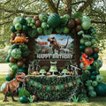 Dinosaur Birthday Party Decorations with Dinosaur backdrop Hunter Green brown balloon arch & Small dino Foil balloons & birthday Banners for Kids Jungle ROAR Three-REX Wild one theme Party Supplies