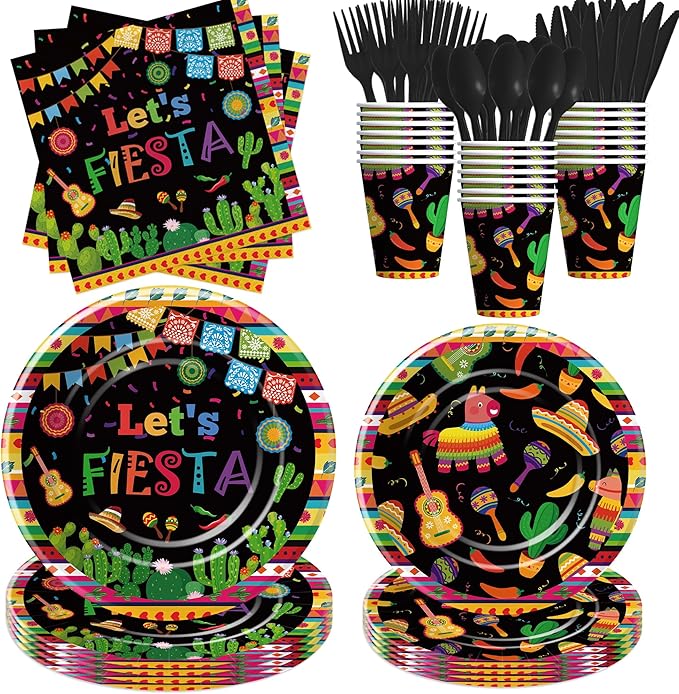 Mexican Fiesta Party Decorations Tableware - Fiesta Party Supplies, Plate, Cup, Napkin, Disposable Cutlery, Mexican Cinco De Mayo Decorations Dinnerware For Birthday Baby Shower | Serve 24