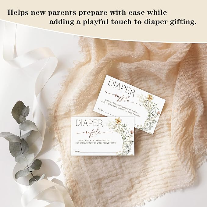 Flower Diaper Raffle Game, Diaper Raffle Tickets for Baby Shower, Floral Gender Neutral Tickets for Baby Shower Party Favor Decorations Supplies (1 Sign + 50 Cards)