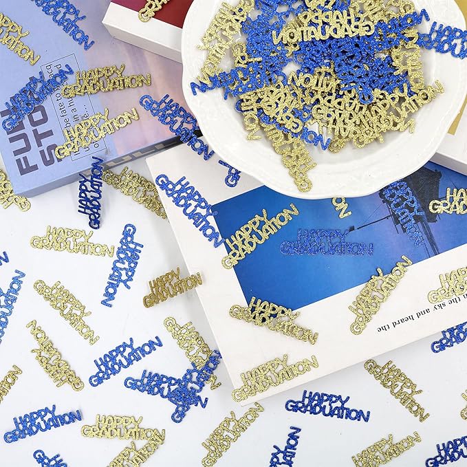 Blue Gold Happy Graduation Confetti Class of 2026, 120 PCS Glitter Graduation Decorations 2026, Grad Confetti for Grad Party Decorations.