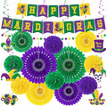 25PCS Mardi Gras Decorations, Mardi Gras Party Favors Decor Kit with Paper POMPOM, Happy Carnival Paper Fans Banner Felt Garland, Crown Hanging Swirls for Carnival Party Parade Accessories