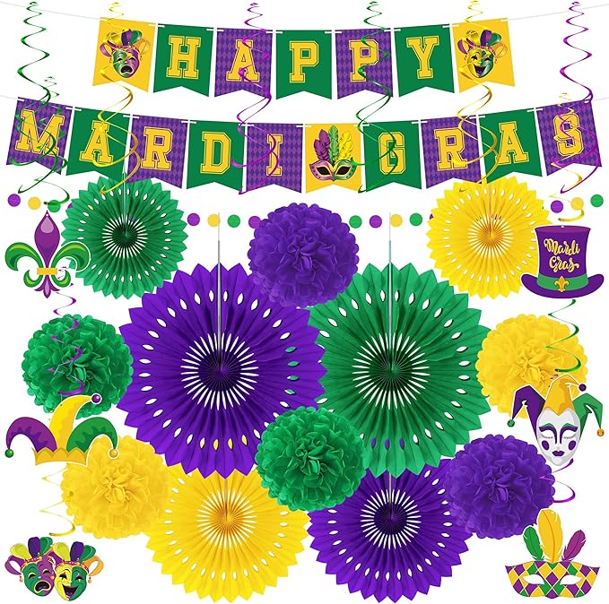 25PCS Mardi Gras Decorations, Mardi Gras Party Favors Decor Kit with Paper POMPOM, Happy Carnival Paper Fans Banner Felt Garland, Crown Hanging Swirls for Carnival Party Parade Accessories