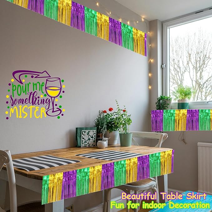 4 Packs Total 39 Ft Mardi Gras Parade Floats for Trailer Car, Green Gold Purple Foil Fringe Garland Tinsel Streamers Banner Table Skirts for Halloween Graduation Homecoming Birthday Party Decor