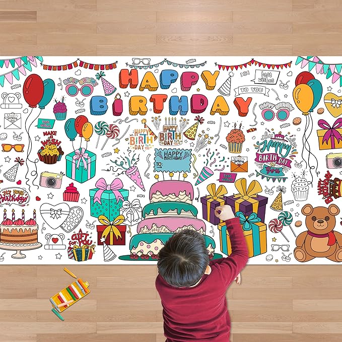 OHOME Birthday Giant Coloring Tablecloth - Birthday Decorations - Arts and Crafts for Kids Ages 8-12,Kids Crafts for 4 5 6 7 8 9 10 Year Old Girl Boy Gift,School Stuff Supplies for 4-8