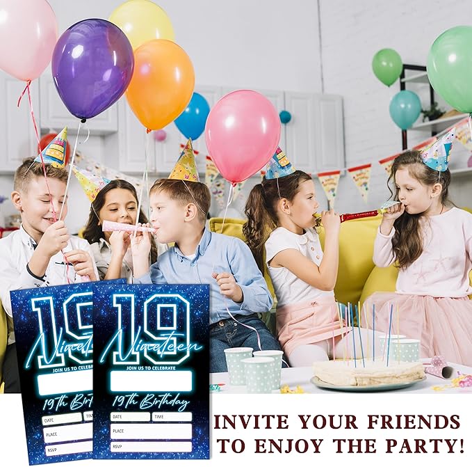 SIXEIGHT Blue 19th Birthday Invitations for Boys, Neon Glow Party Invitations for Girls Kids, 20 Pack Double Sided Invite Cards with Envelopes, 19th Glow Neon Birthday Party Decorations, 4x6 Inch-C52