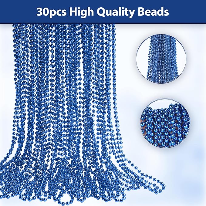 HOOSUN 30 PCS Blue Bead Necklaces,Christmas Beads Necklaces for Blue Party Favors,Mardi Gras Beads Necklace Parade Throw Accessories for Party,School Event,Pirate Theme Decorations