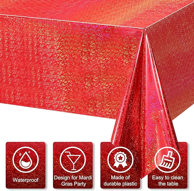 4Pack Iridescence Red Plastic Tablecloths Shiny Disposable Laser Rectangle Table Covers Holographic Foil Tablecloth Iridescent Party Decoration Birthday Bridal Christmas Lunar New Year 54" x 108"(Red)