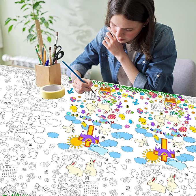 Easter Coloring Tablecloth for Kids,Giant Coloring Poster Table Cover for Home Classroom Coloring Craft Activities Easter Party Decorations Supplies,54x108 Inch